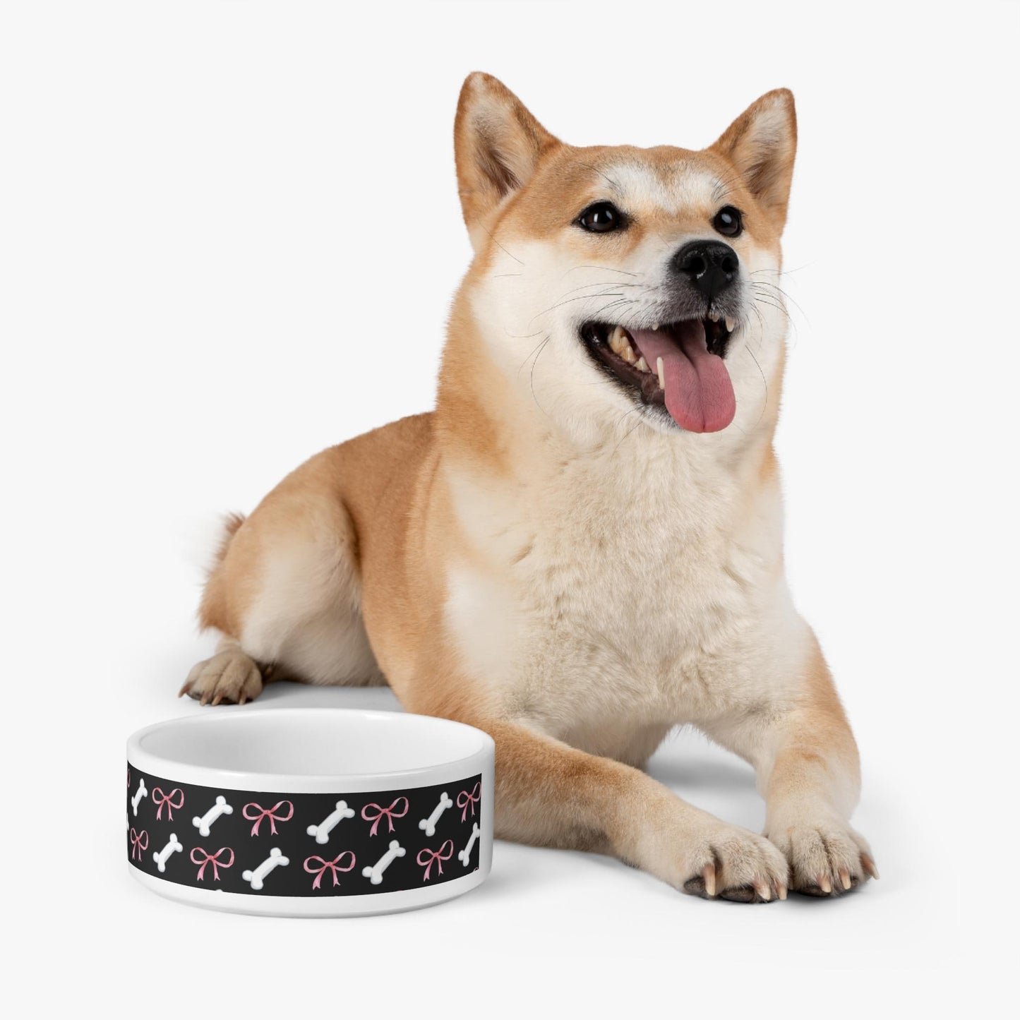Pink Bow and White Bone Pattern Pet Bowl | Dog Food Dish