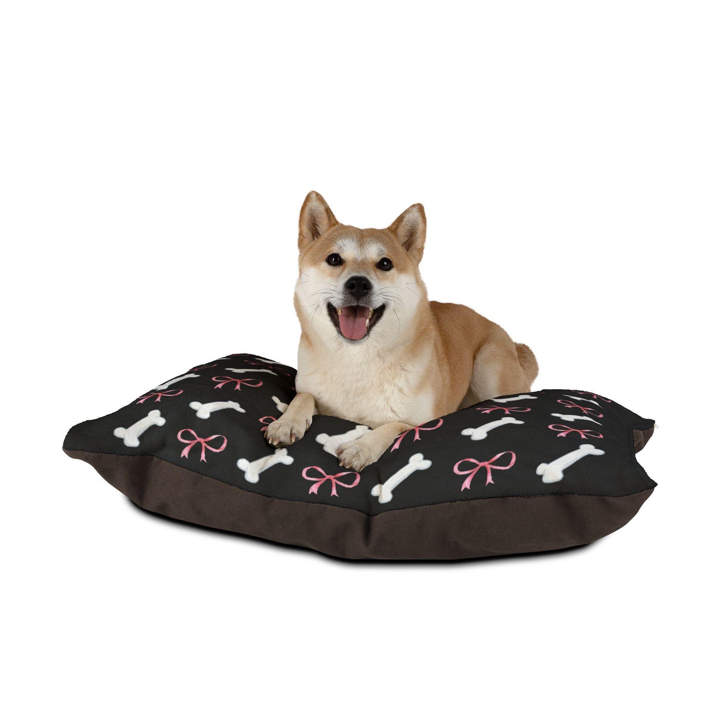 Pink Bow and Bone Pattern Pet Bed | Black Plush Dog Bed