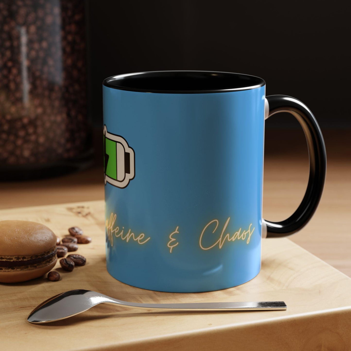 Caffeinated Battery Icon Mug | Coffee Cup, Neon Script "Powered by Caffeine"