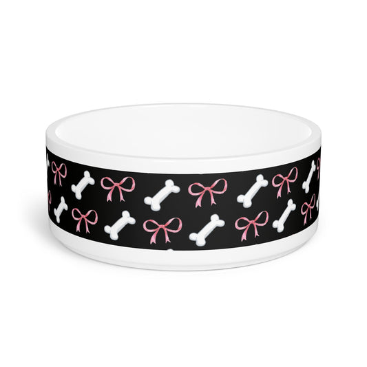 Pink Bow and White Bone Pattern Pet Bowl | Dog Food Dish