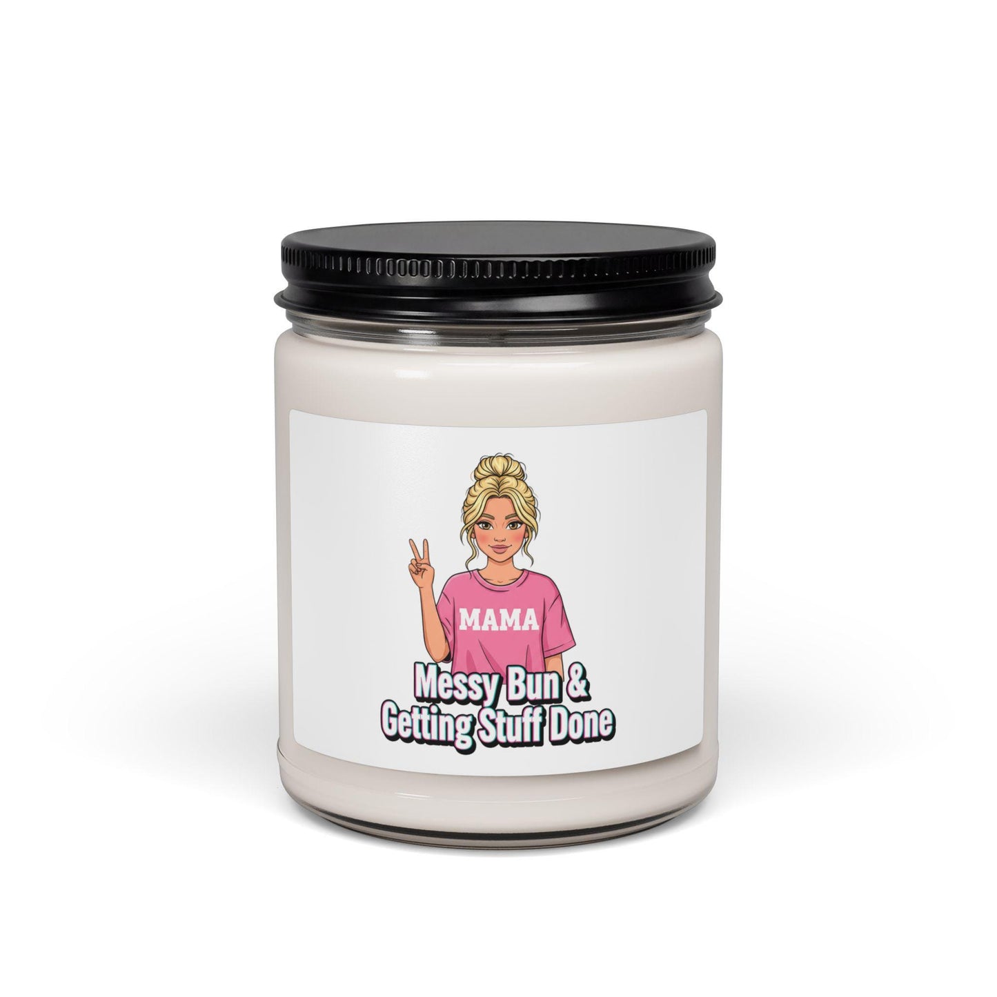 Messy Bun & Getting Stuff Done Candle | meme caption font, neon outline text