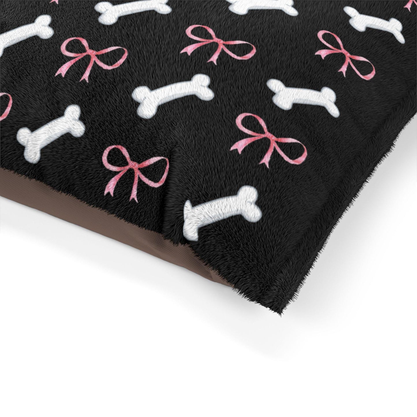 Pink Bow and Bone Pattern Pet Bed | Black Plush Dog Bed