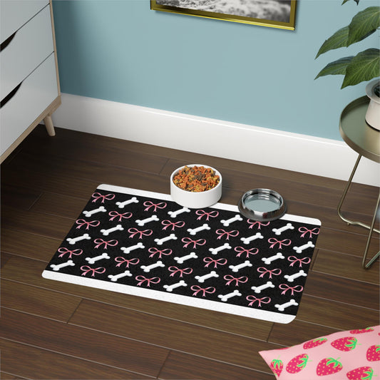 Pink Bow and White Bone Pattern Pet Food Mat