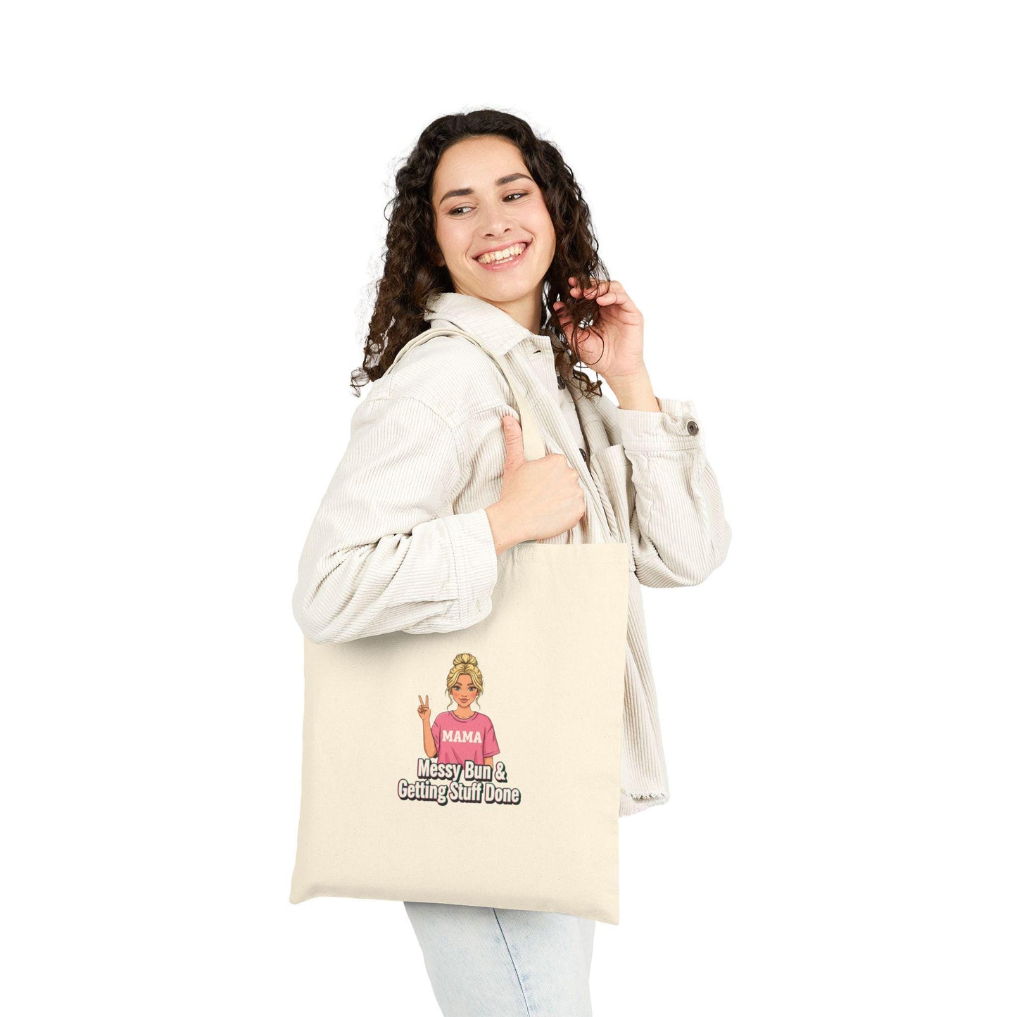Mama Messy Bun Tote, neon meme caption font, chunky hand lettering | canvas tote