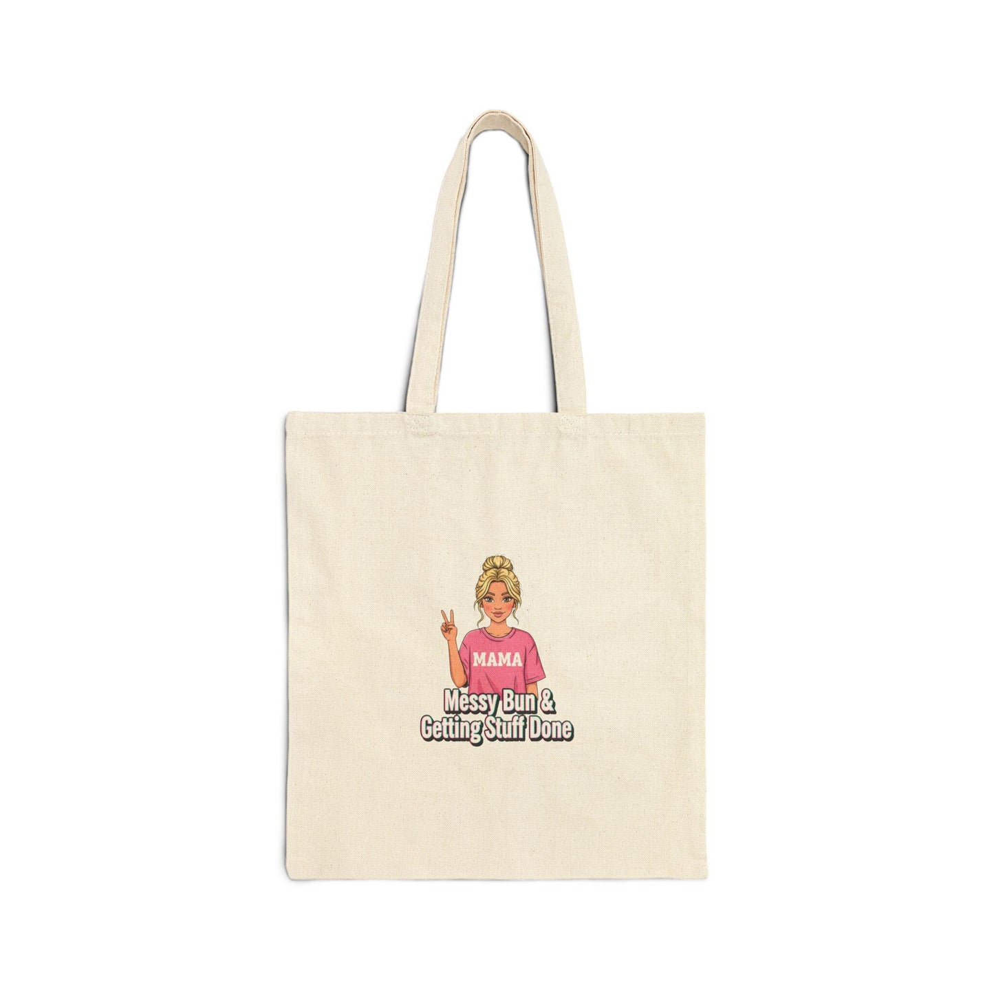 Mama Messy Bun Tote, neon meme caption font, chunky hand lettering | canvas tote