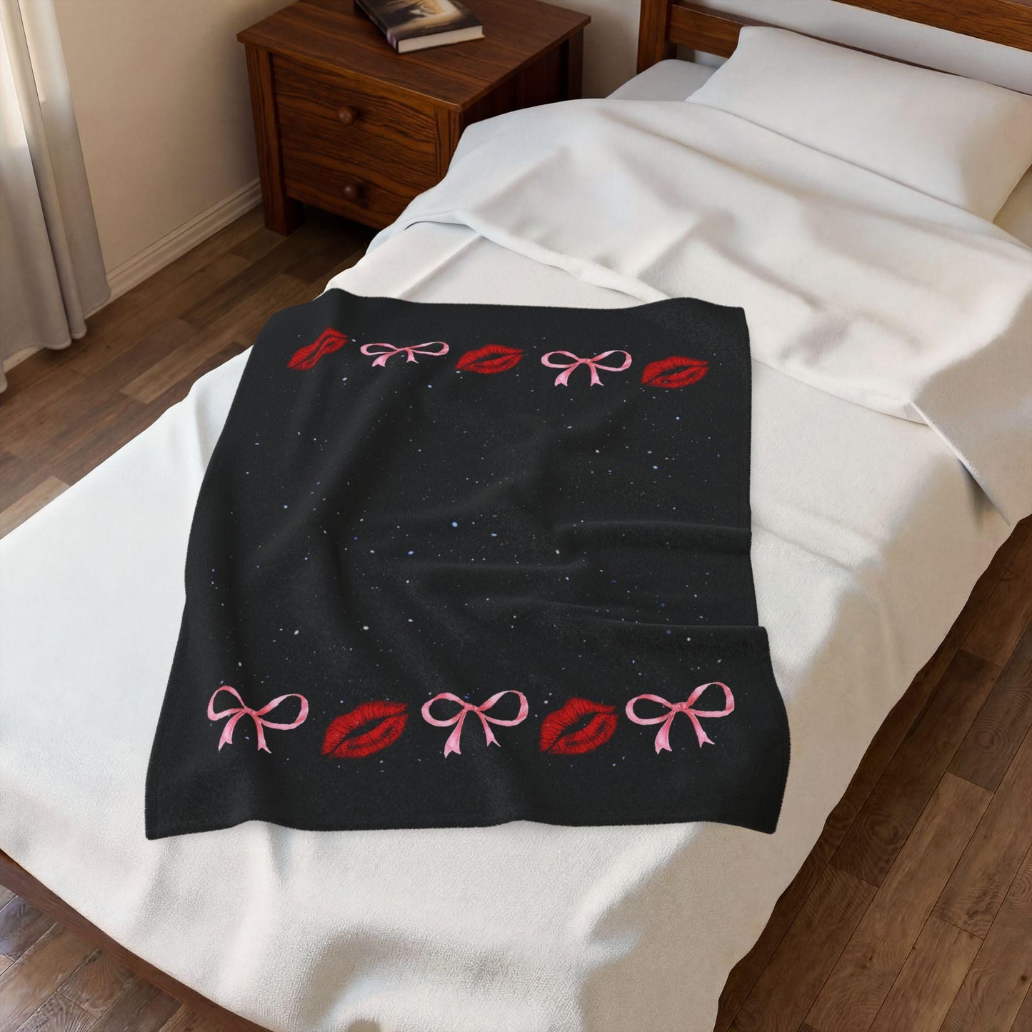Kiss Bow Border Velveteen Blanket | Lip Print, Pink Bows, Black Starry Background