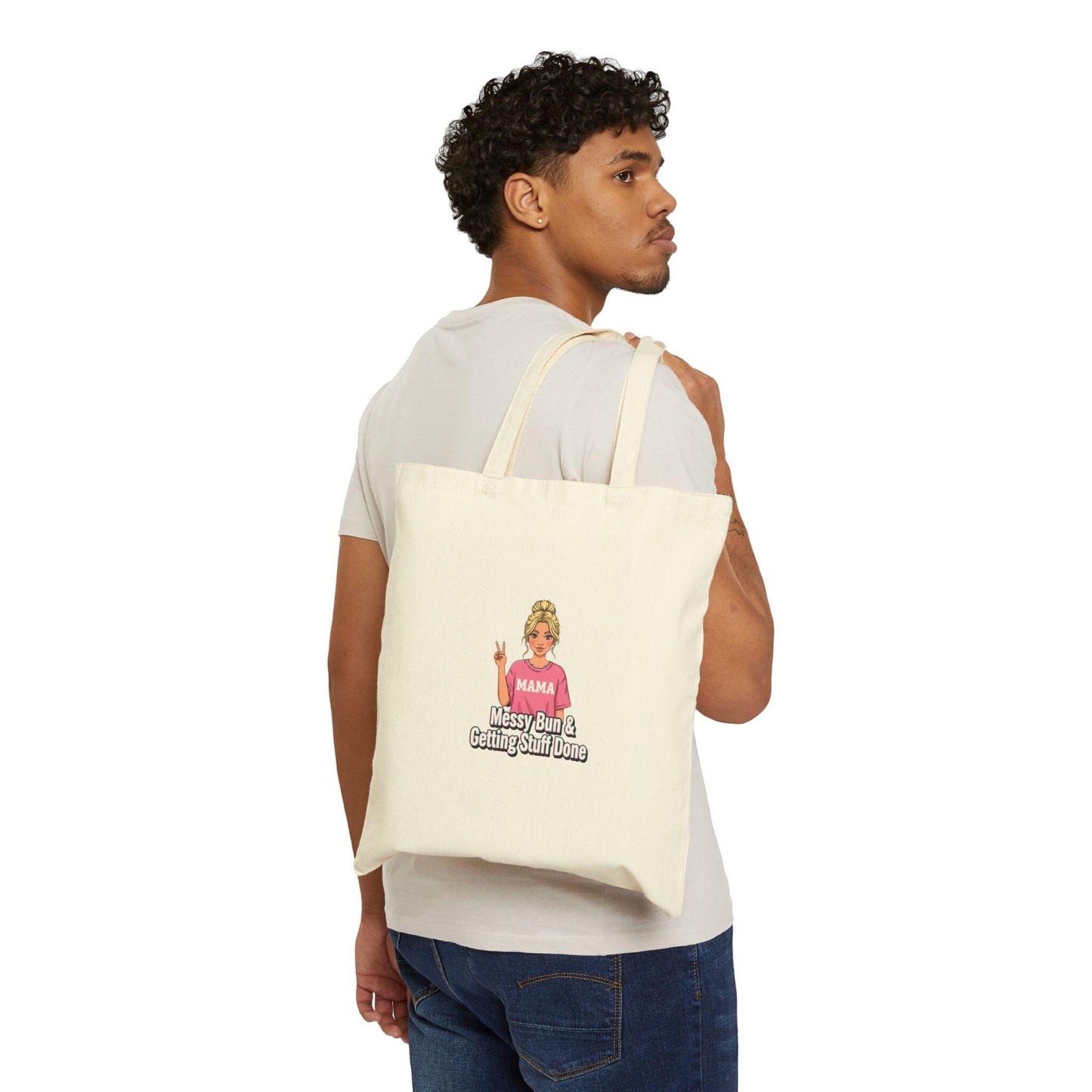 Mama Messy Bun Tote, neon meme caption font, chunky hand lettering | canvas tote