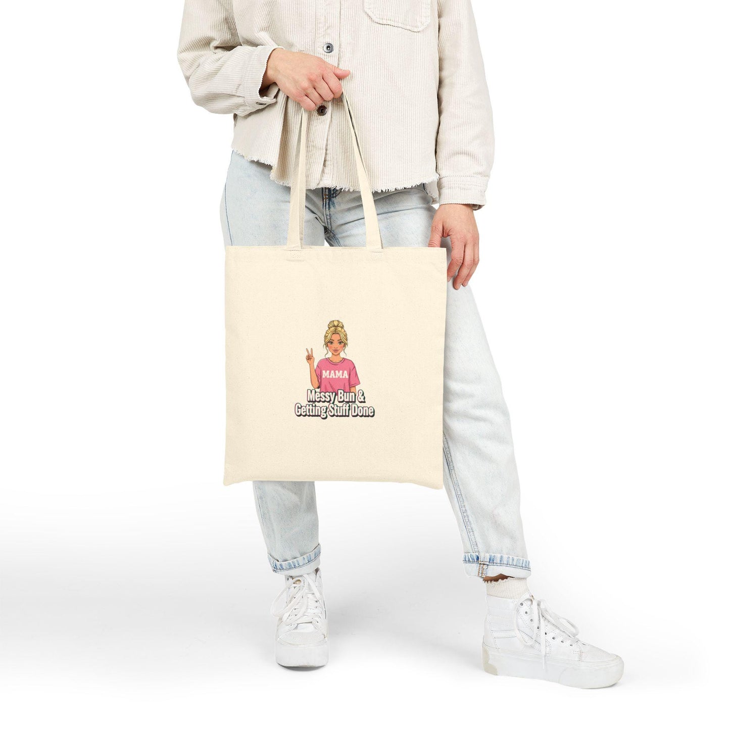 Mama Messy Bun Tote, neon meme caption font, chunky hand lettering | canvas tote
