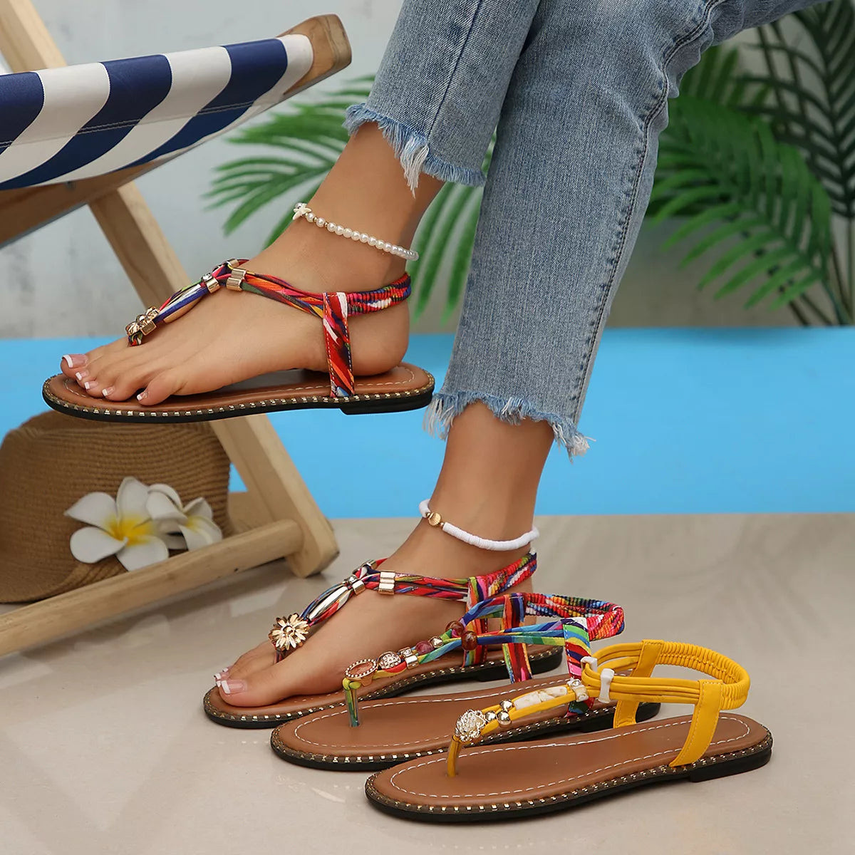 Toe Post Sandals with Ankle Strap – Blue Rose