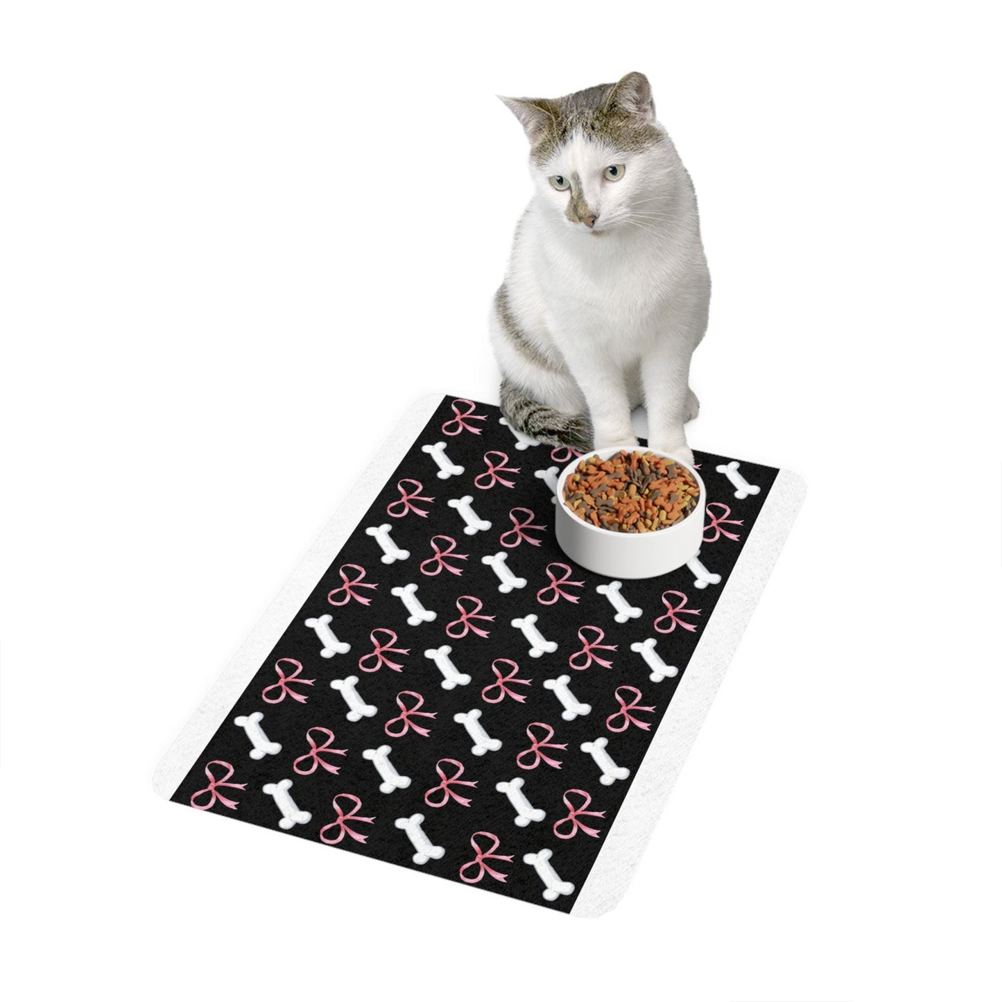 Pink Bow and White Bone Pattern Pet Food Mat