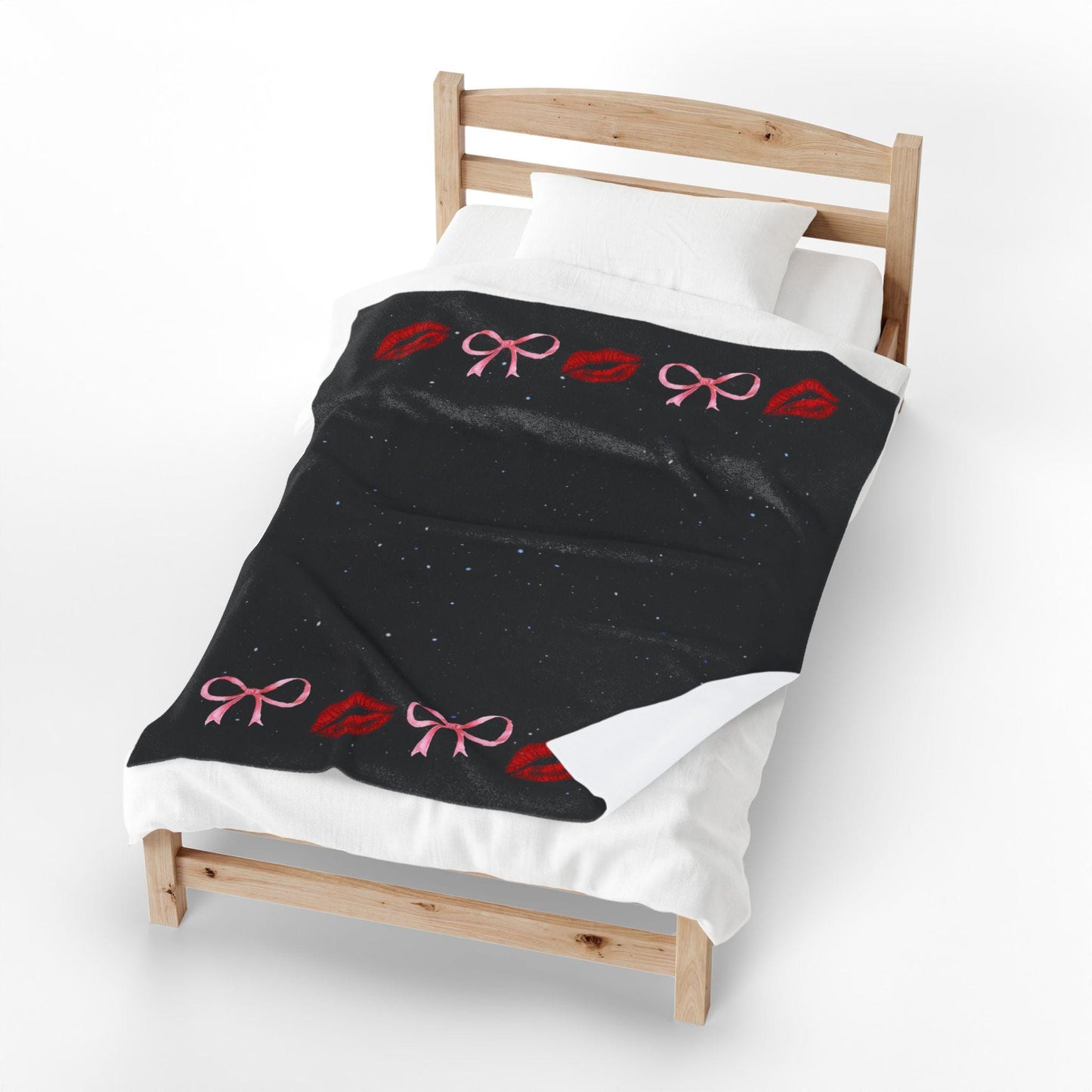 Kiss Bow Border Velveteen Blanket | Lip Print, Pink Bows, Black Starry Background