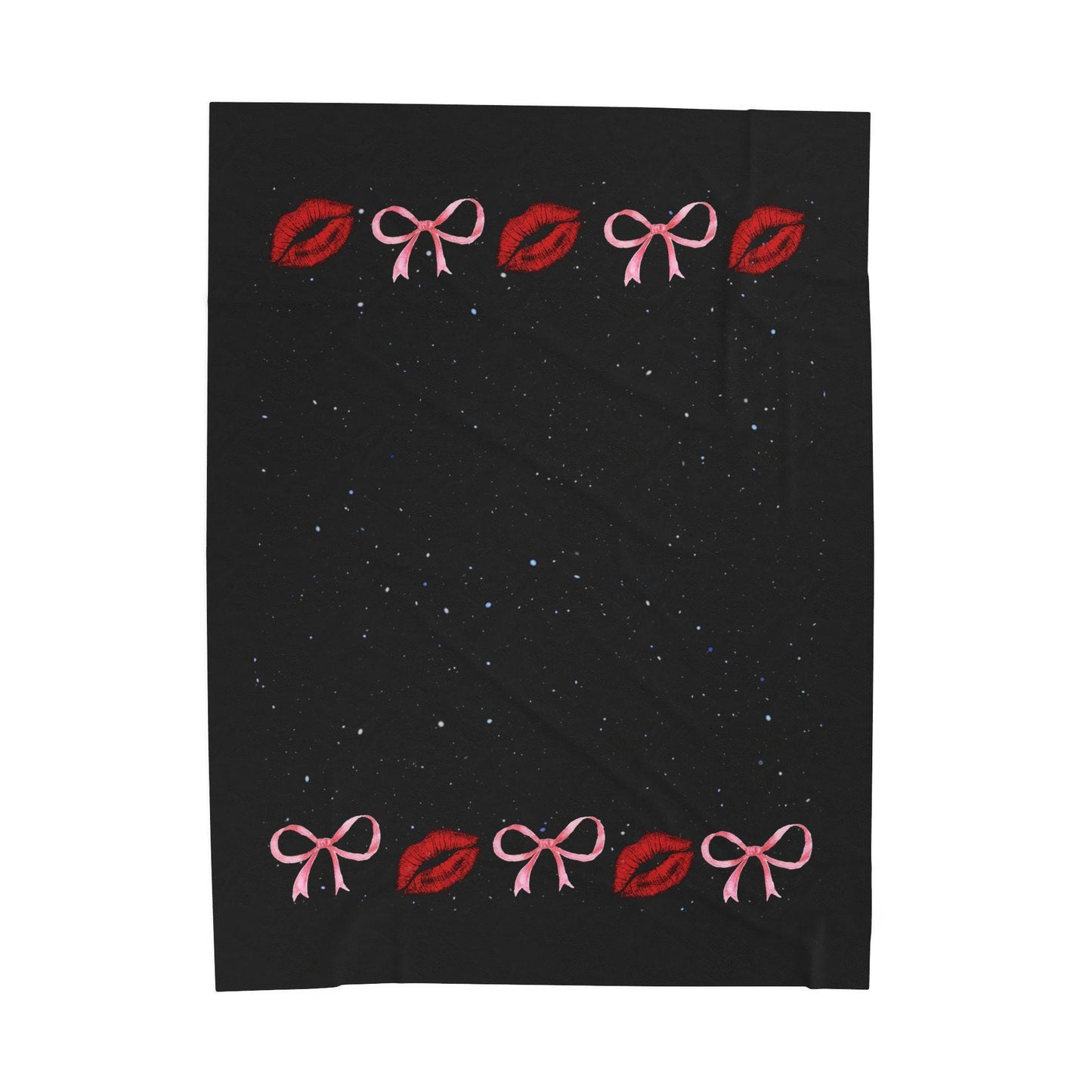 Kiss Bow Border Velveteen Blanket | Lip Print, Pink Bows, Black Starry Background