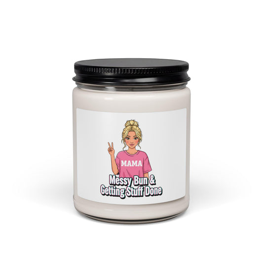 Messy Bun & Getting Stuff Done Candle | meme caption font, neon outline text