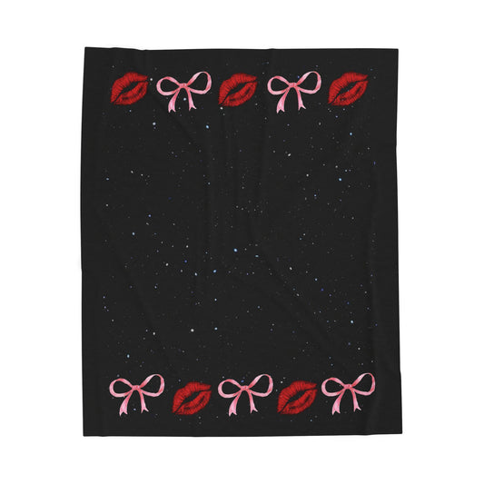 Kiss Bow Border Velveteen Blanket | Lip Print, Pink Bows, Black Starry Background