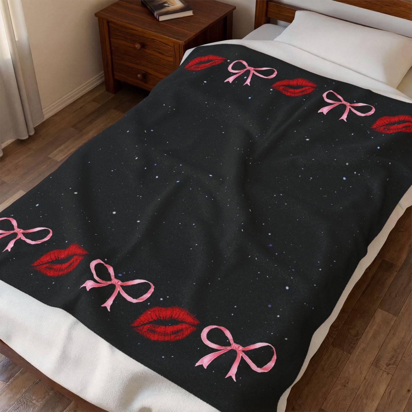 Kiss Bow Border Velveteen Blanket | Lip Print, Pink Bows, Black Starry Background