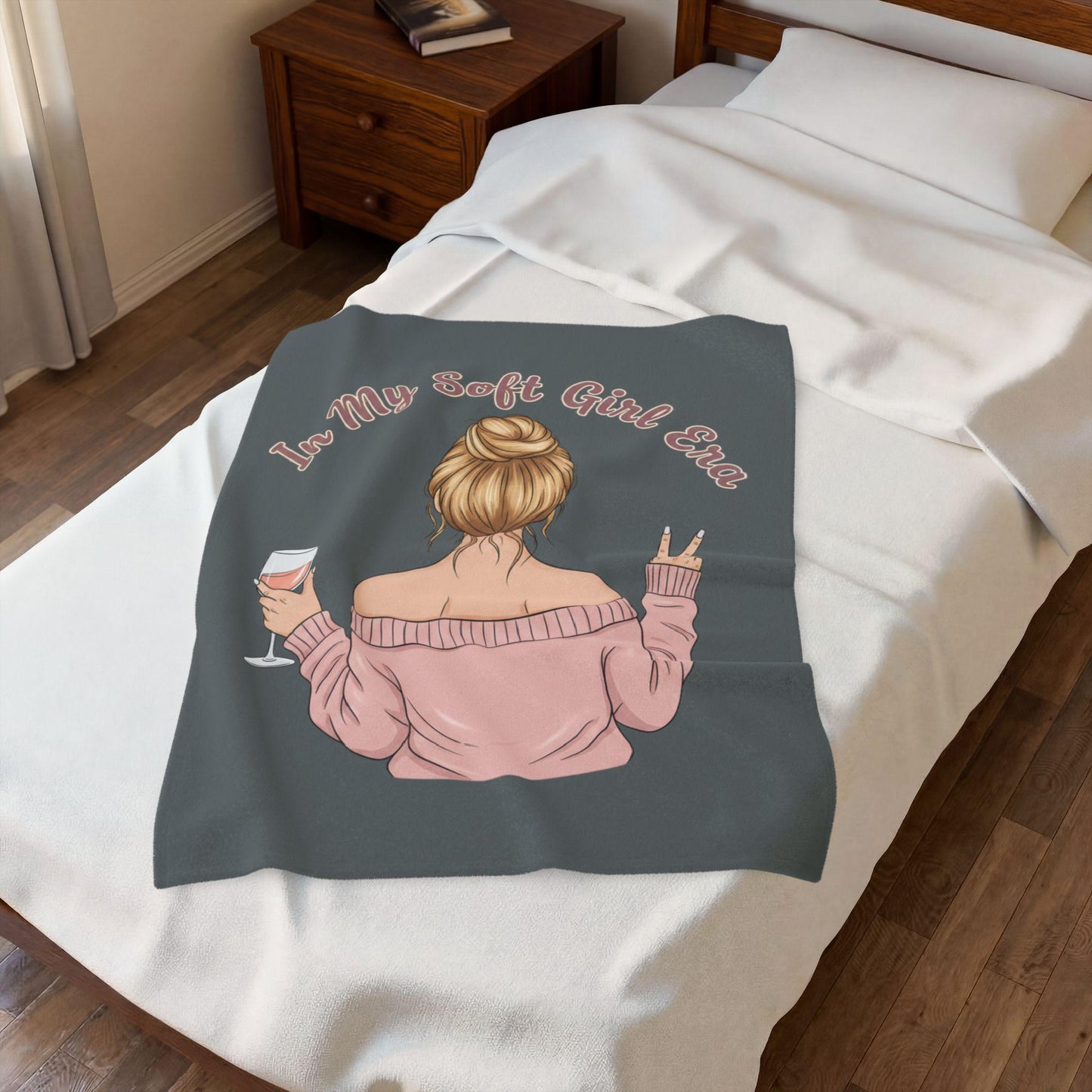 Soft Girl Wine Quote Velveteen Plush Blanket | Cozy Script Design
