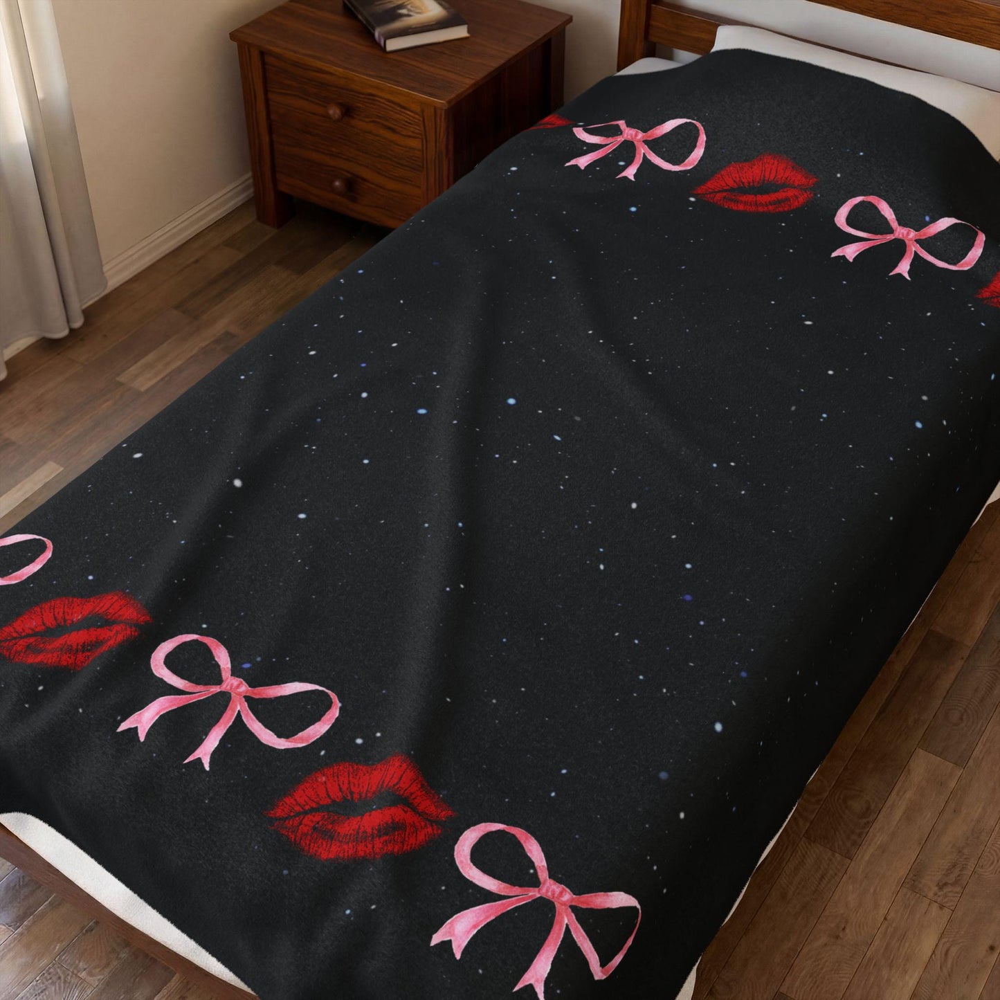Kiss Bow Border Velveteen Blanket | Lip Print, Pink Bows, Black Starry Background