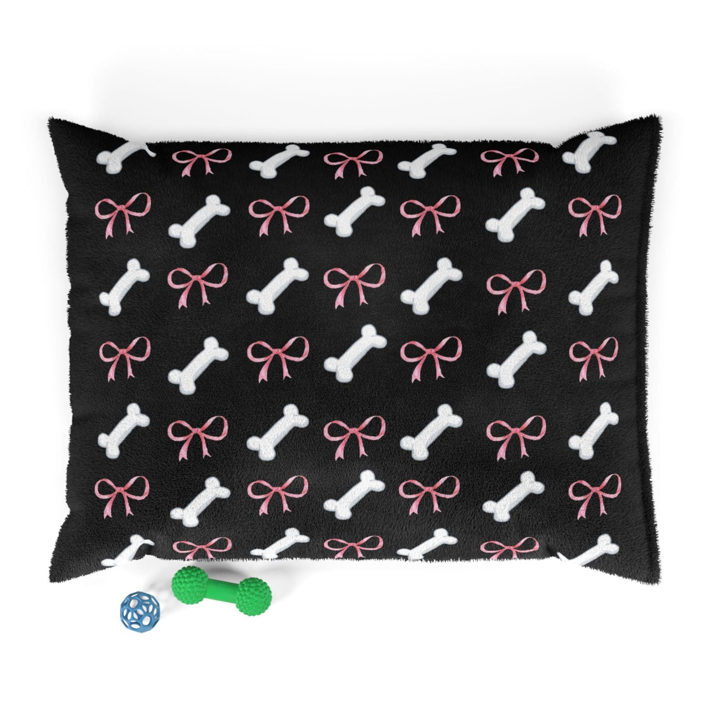 Pink Bow and Bone Pattern Pet Bed | Black Plush Dog Bed