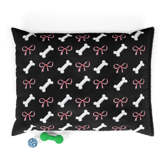 Pink Bow and Bone Pattern Pet Bed | Black Plush Dog Bed