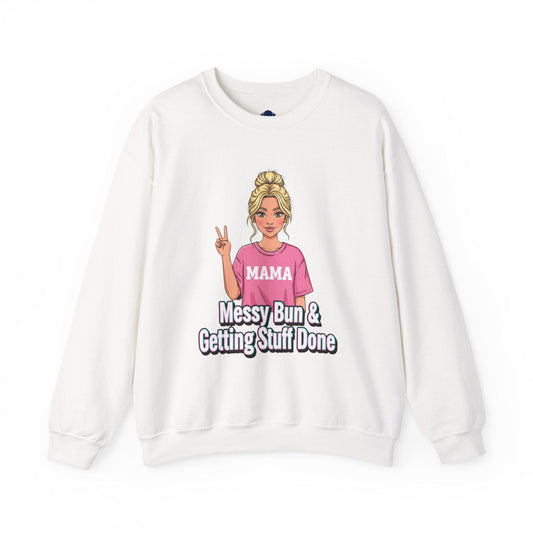 Messy Bun & Getting Stuff Done Sweatshirt | neon outline text, meme caption font