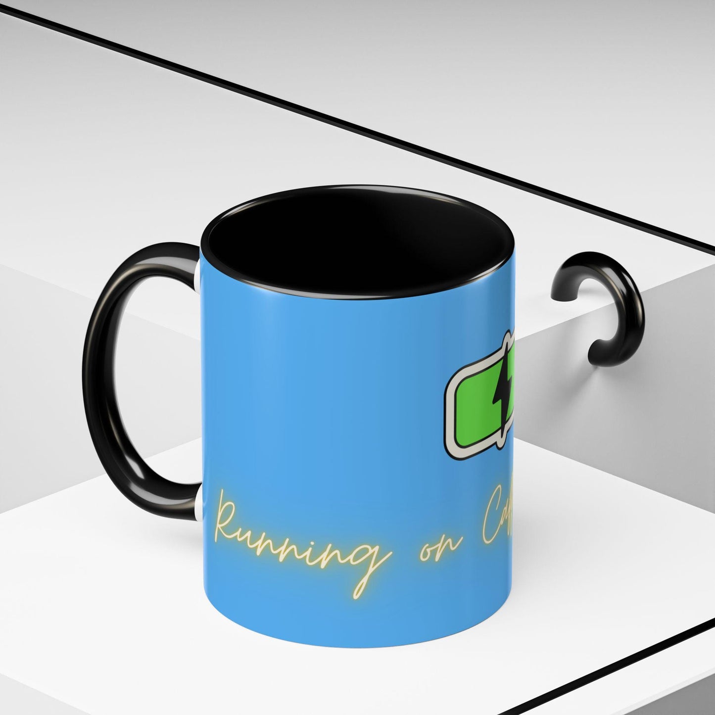 Caffeinated Battery Icon Mug | Coffee Cup, Neon Script "Powered by Caffeine"