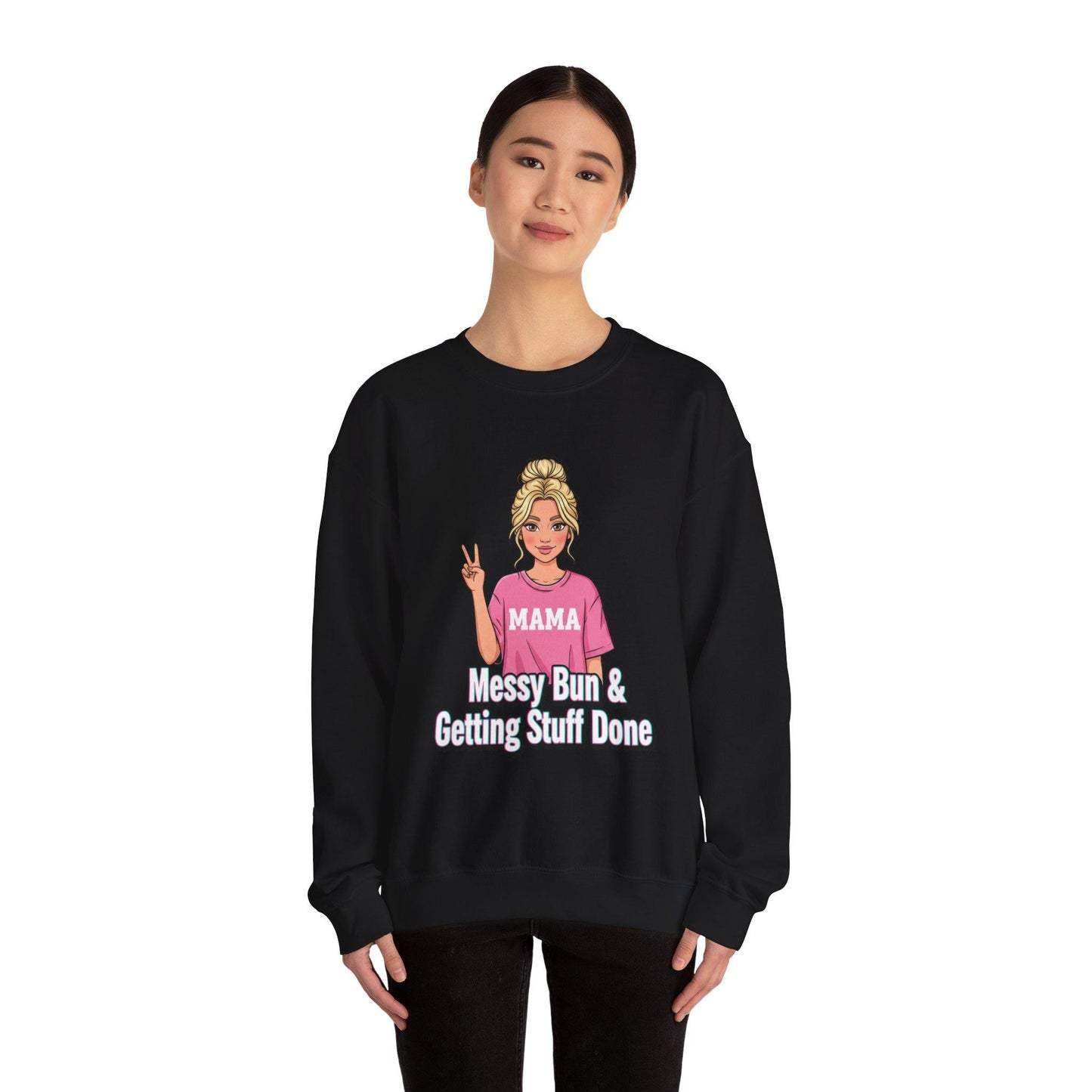 Messy Bun & Getting Stuff Done Sweatshirt | neon outline text, meme caption font
