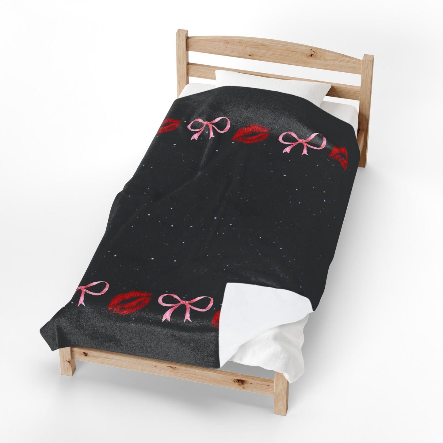 Kiss Bow Border Velveteen Blanket | Lip Print, Pink Bows, Black Starry Background