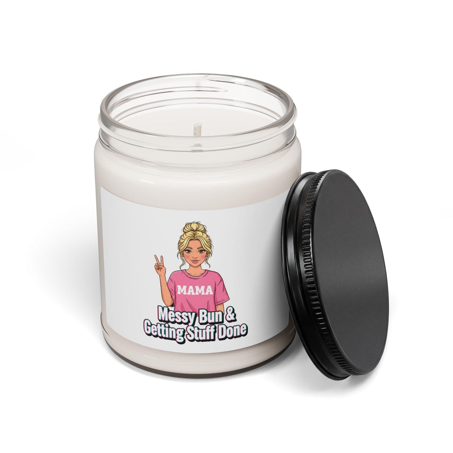 Messy Bun & Getting Stuff Done Candle | meme caption font, neon outline text