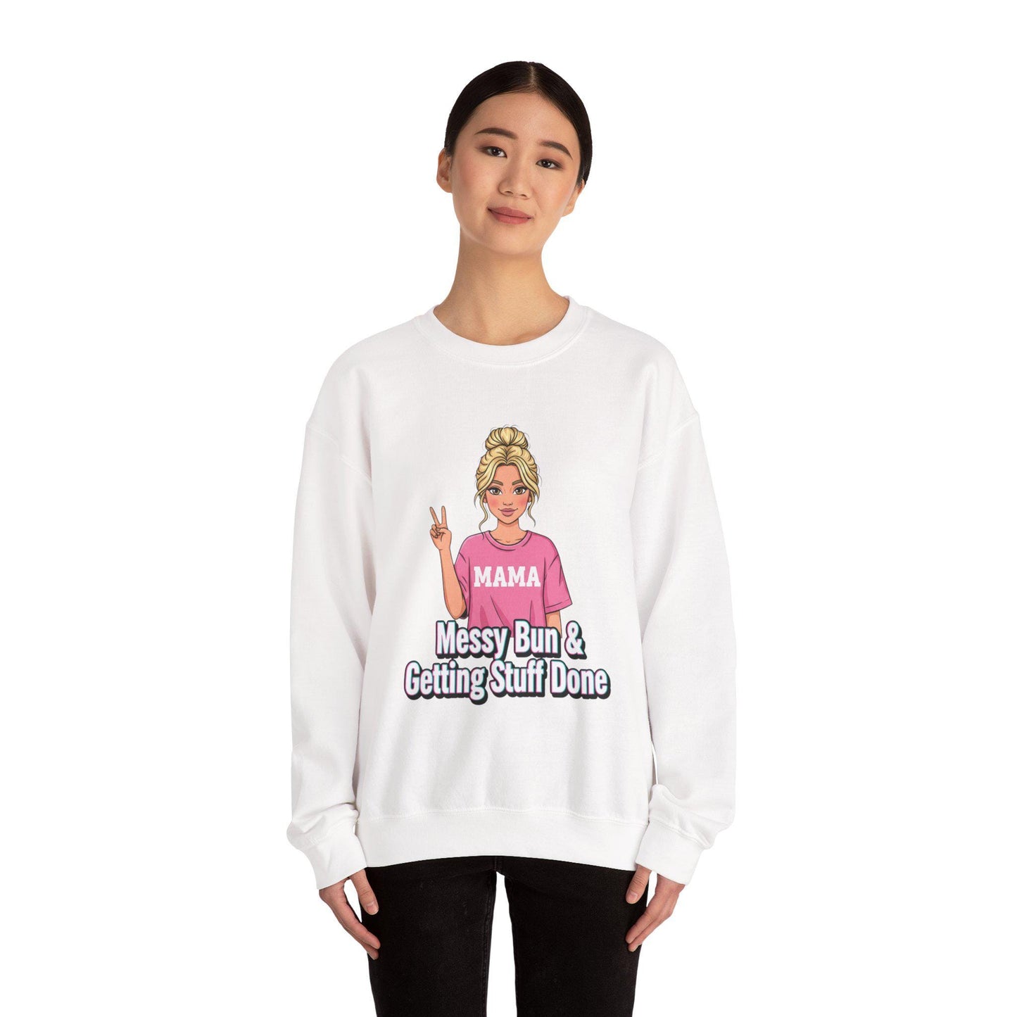 Messy Bun & Getting Stuff Done Sweatshirt | neon outline text, meme caption font