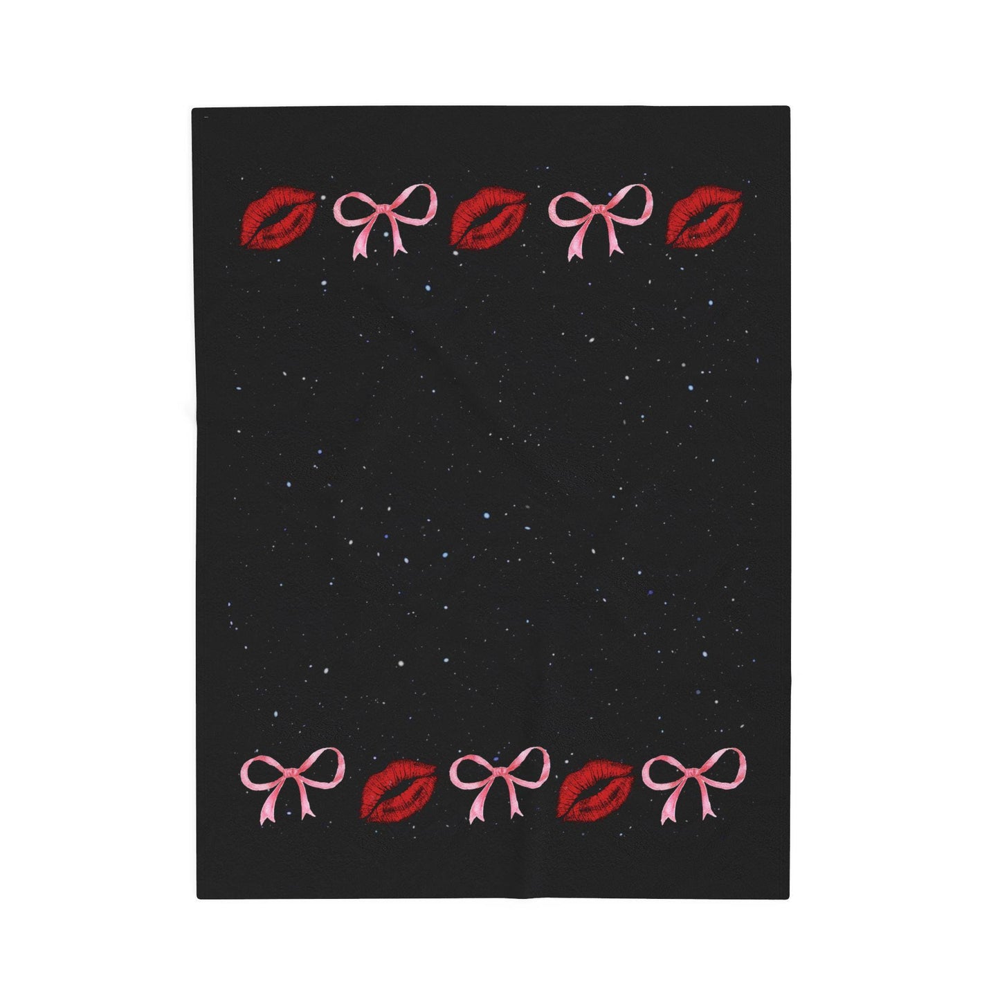 Kiss Bow Border Velveteen Blanket | Lip Print, Pink Bows, Black Starry Background
