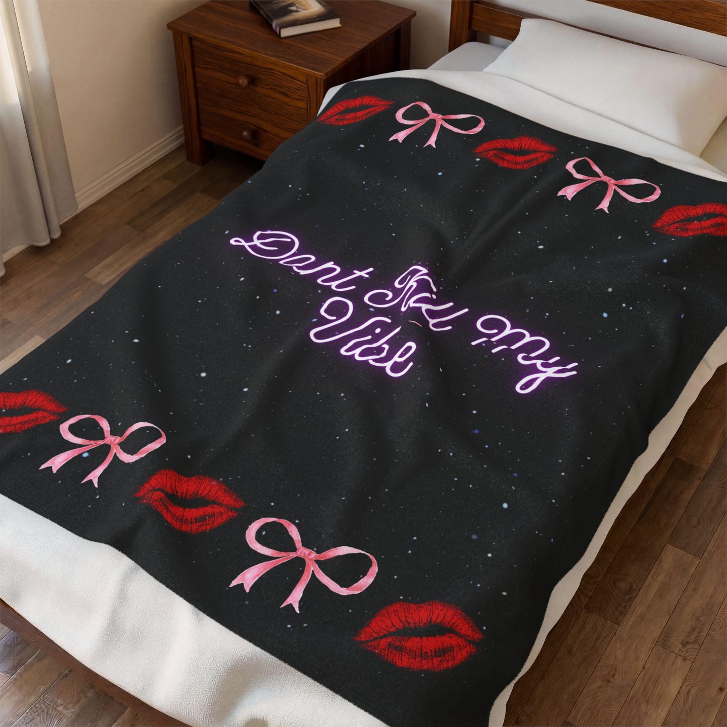 Velveteen Plush Blanket velveteen plush blanket with bows, cozy warm vibe